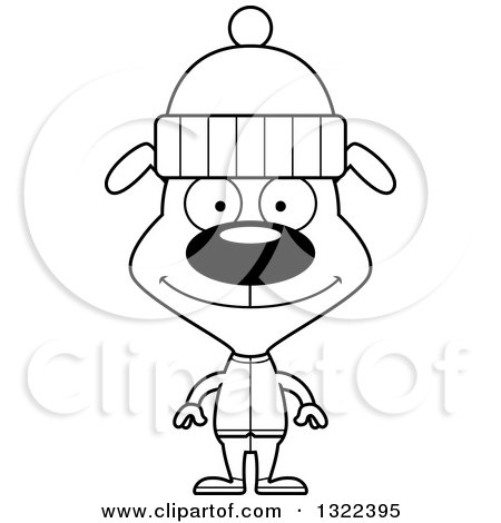 Lineart Clipart of a Cartoon Black and White Happy Dog in Winter Clothes - Royalty Free Outline Vector Illustration by Cory Thoman