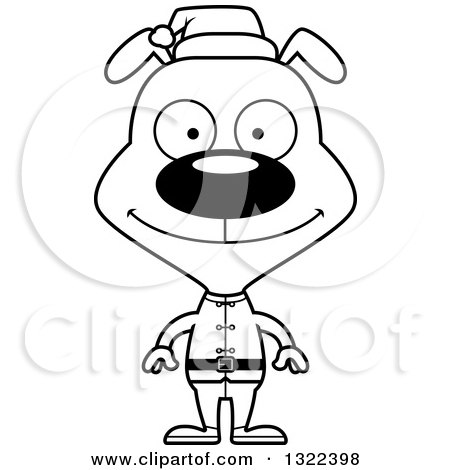 Lineart Clipart of a Cartoon Black and White Happy Christmas Elf Dog - Royalty Free Outline Vector Illustration by Cory Thoman