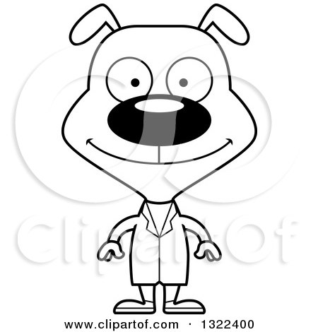 Lineart Clipart of a Cartoon Black and White Happy Dog Doctor - Royalty Free Outline Vector Illustration by Cory Thoman