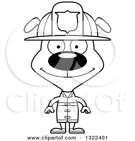 Lineart Clipart of a Cartoon Black and White Happy Dog Firefighter - Royalty Free Outline Vector Illustration by Cory Thoman