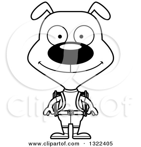 Lineart Clipart of a Cartoon Black and White Happy Dog Hiker - Royalty Free Outline Vector Illustration by Cory Thoman