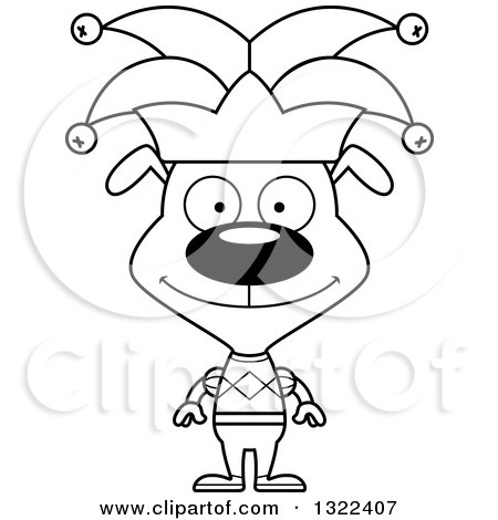 Lineart Clipart of a Cartoon Black and White Happy Dog Jester - Royalty Free Outline Vector Illustration by Cory Thoman