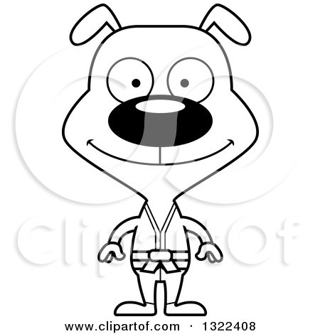 Lineart Clipart of a Cartoon Black and White Happy Karate Dog - Royalty Free Outline Vector Illustration by Cory Thoman