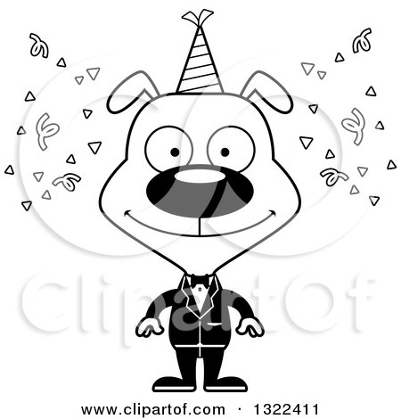 Lineart Clipart of a Cartoon Black and White Happy Party Dog - Royalty Free Outline Vector Illustration by Cory Thoman