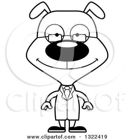 Lineart Clipart of a Cartoon Black and White Happy Dog Scientist - Royalty Free Outline Vector Illustration by Cory Thoman