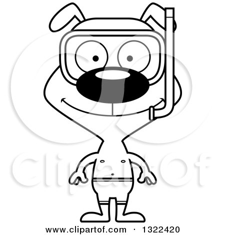 Lineart Clipart of a Cartoon Black and White Happy Snorkel Dog - Royalty Free Outline Vector Illustration by Cory Thoman