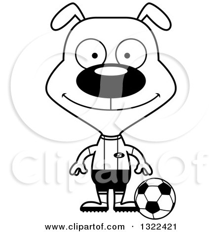 Lineart Clipart of a Cartoon Black and White Happy Dog Soccer Player - Royalty Free Outline Vector Illustration by Cory Thoman