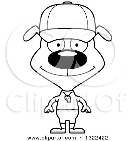 Lineart Clipart of a Cartoon Black and White Happy Dog Sports Coach - Royalty Free Outline Vector Illustration by Cory Thoman