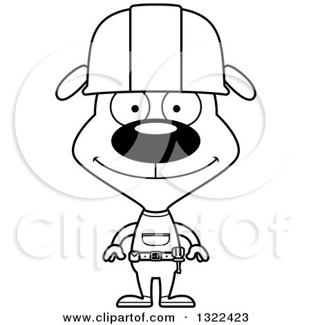 Lineart Clipart of a Cartoon Black and White Happy Dog Construction Worker - Royalty Free Outline Vector Illustration by Cory Thoman