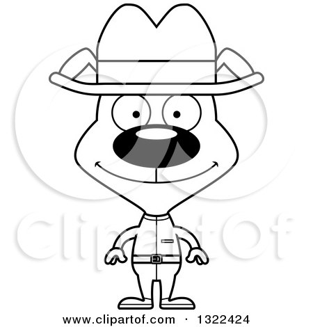 Lineart Clipart of a Cartoon Black and White Happy Cowboy Dog - Royalty Free Outline Vector Illustration by Cory Thoman