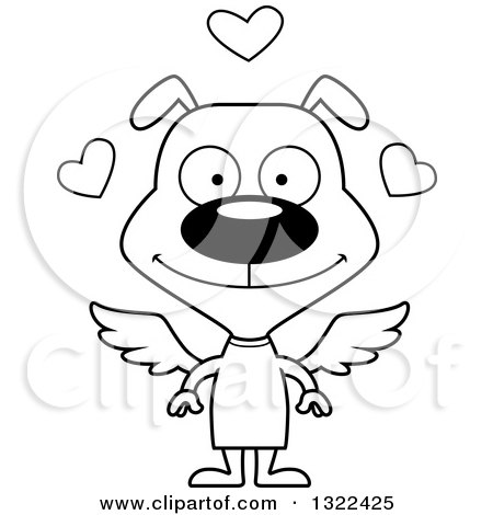 Lineart Clipart of a Cartoon Black and White Happy Cupid Dog - Royalty Free Outline Vector Illustration by Cory Thoman