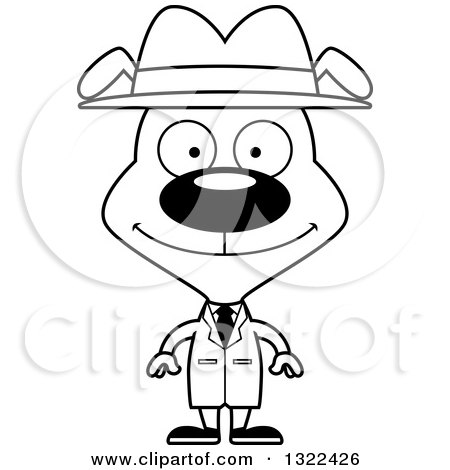 Lineart Clipart of a Cartoon Black and White Happy Dog Detective - Royalty Free Outline Vector Illustration by Cory Thoman