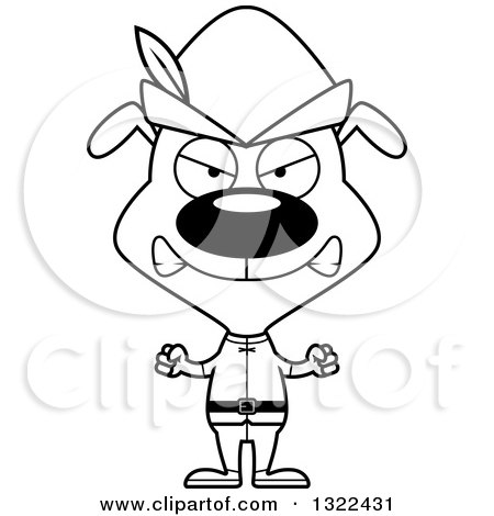 Lineart Clipart of a Cartoon Black and White Mad Dog Robin Hood - Royalty Free Outline Vector Illustration by Cory Thoman