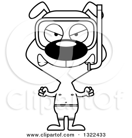 Lineart Clipart of a Cartoon Black and White Mad Snorkel Dog - Royalty Free Outline Vector Illustration by Cory Thoman
