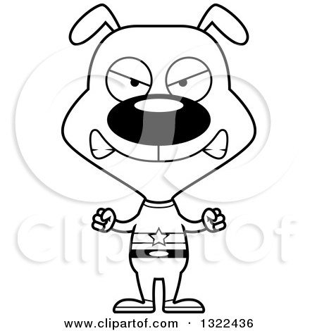 Lineart Clipart of a Cartoon Black and White Mad Dog Super Hero - Royalty Free Outline Vector Illustration by Cory Thoman