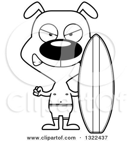 Lineart Clipart of a Cartoon Black and White Mad Dog Surfer - Royalty Free Outline Vector Illustration by Cory Thoman