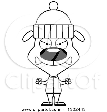 Lineart Clipart of a Cartoon Black and White Mad Dog in Winter Clothes - Royalty Free Outline Vector Illustration by Cory Thoman