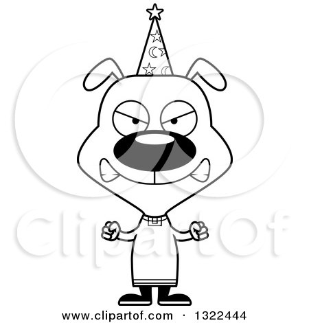 Lineart Clipart of a Cartoon Black and White Mad Dog Wizard - Royalty Free Outline Vector Illustration by Cory Thoman