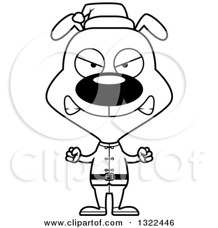 Lineart Clipart of a Cartoon Black and White Mad Christmas Elf Dog - Royalty Free Outline Vector Illustration by Cory Thoman