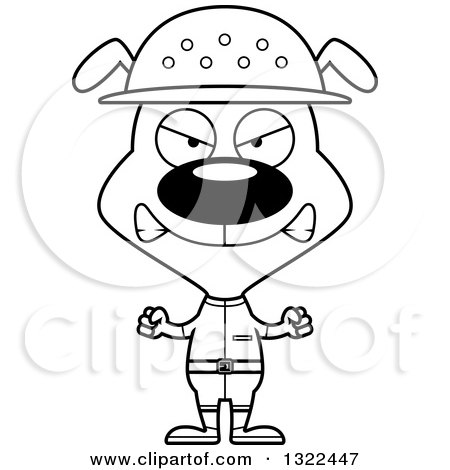 Lineart Clipart of a Cartoon Black and White Mad Dog Zookeeper - Royalty Free Outline Vector Illustration by Cory Thoman