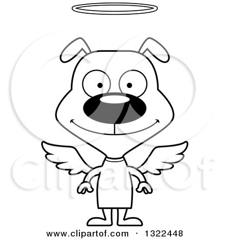 Lineart Clipart of a Cartoon Black and White Happy Dog Angel - Royalty Free Outline Vector Illustration by Cory Thoman