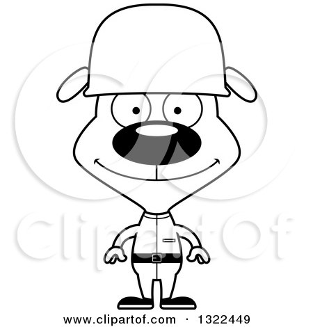 Lineart Clipart of a Cartoon Black and White Happy Dog Soldier - Royalty Free Outline Vector Illustration by Cory Thoman