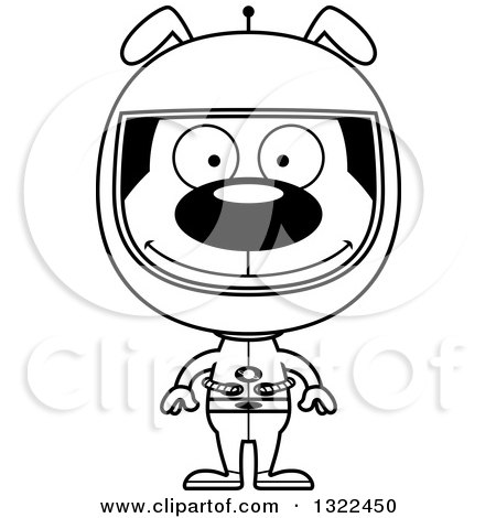 Lineart Clipart of a Cartoon Black and White Happy Dog Astronaut - Royalty Free Outline Vector Illustration by Cory Thoman