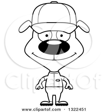 Lineart Clipart of a Cartoon Black and White Happy Dog Baseball Player - Royalty Free Outline Vector Illustration by Cory Thoman