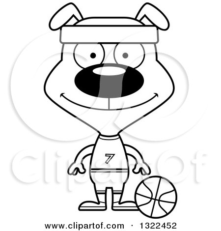 Lineart Clipart of a Cartoon Black and White Happy Dog Basketball Player - Royalty Free Outline Vector Illustration by Cory Thoman