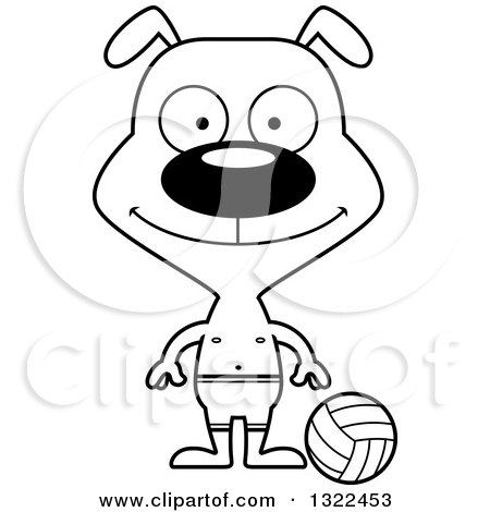 Lineart Clipart of a Cartoon Black and White Happy Dog Beach Volleyball Player - Royalty Free Outline Vector Illustration by Cory Thoman