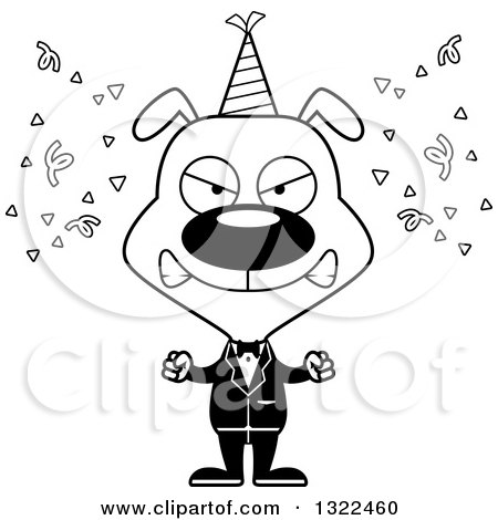 Lineart Clipart of a Cartoon Black and White Mad Party Dog - Royalty Free Outline Vector Illustration by Cory Thoman