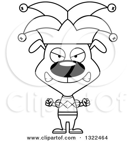 Lineart Clipart of a Cartoon Black and White Mad Dog Jester - Royalty Free Outline Vector Illustration by Cory Thoman