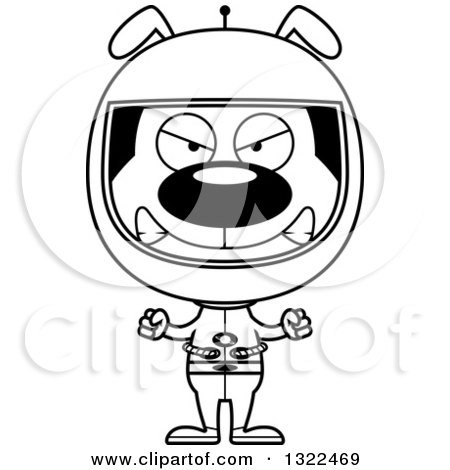 Lineart Clipart of a Cartoon Black and White Mad Dog Astronaut - Royalty Free Outline Vector Illustration by Cory Thoman
