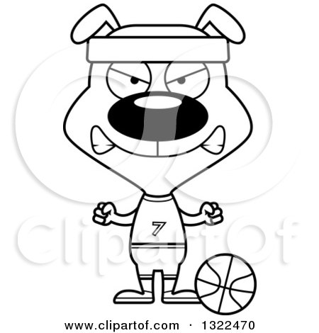 Lineart Clipart of a Cartoon Black and White Mad Dog Basketball Player - Royalty Free Outline Vector Illustration by Cory Thoman
