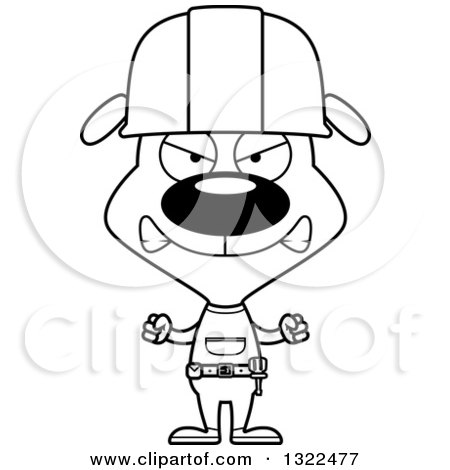Lineart Clipart of a Cartoon Black and White Mad Dog Construction Worker - Royalty Free Outline Vector Illustration by Cory Thoman