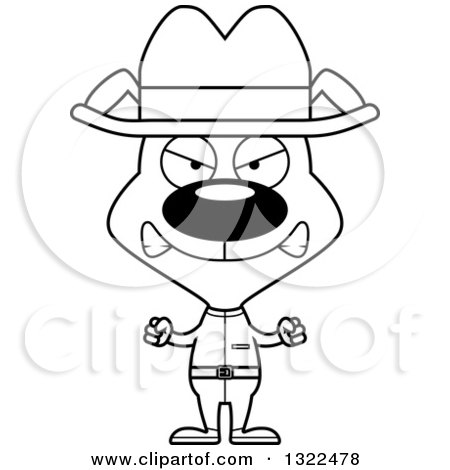 Lineart Clipart of a Cartoon Black and White Mad Cowboy Dog - Royalty Free Outline Vector Illustration by Cory Thoman
