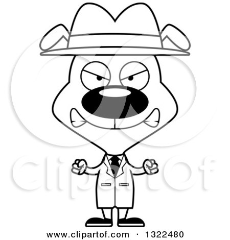 Lineart Clipart of a Cartoon Black and White Mad Dog Detective - Royalty Free Outline Vector Illustration by Cory Thoman