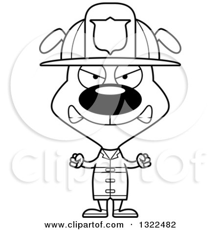 Lineart Clipart of a Cartoon Black and White Mad Dog Firefighter - Royalty Free Outline Vector Illustration by Cory Thoman