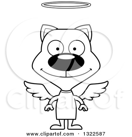 Lineart Clipart of a Cartoon Black and White Happy Angel Cat - Royalty Free Outline Vector Illustration by Cory Thoman