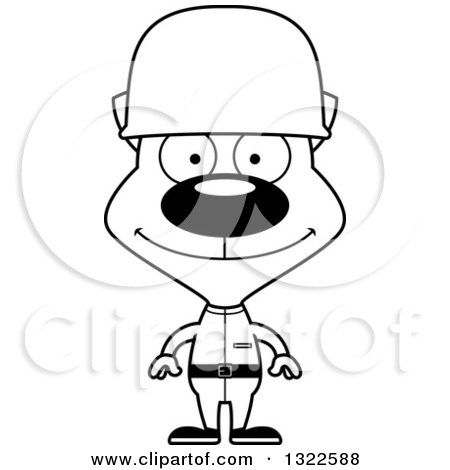 Lineart Clipart of a Cartoon Black and White Happy Cat Army Soldier - Royalty Free Outline Vector Illustration by Cory Thoman