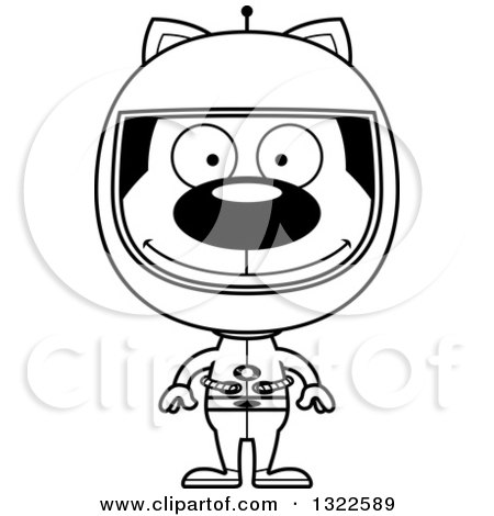 Lineart Clipart of a Cartoon Black and White Happy Cat Astronaut - Royalty Free Outline Vector Illustration by Cory Thoman