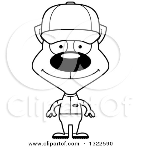 Lineart Clipart of a Cartoon Black and White Happy Cat Baseball Player - Royalty Free Outline Vector Illustration by Cory Thoman
