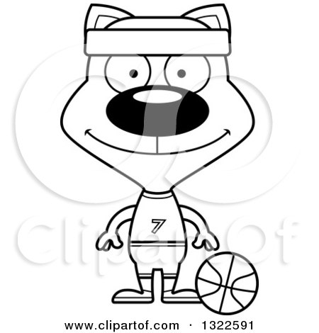 Lineart Clipart of a Cartoon Black and White Happy Cat Basketball Player - Royalty Free Outline Vector Illustration by Cory Thoman