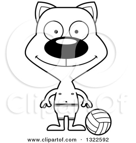 Lineart Clipart of a Cartoon Black and White Happy Cat Beach Volleyball Player - Royalty Free Outline Vector Illustration by Cory Thoman