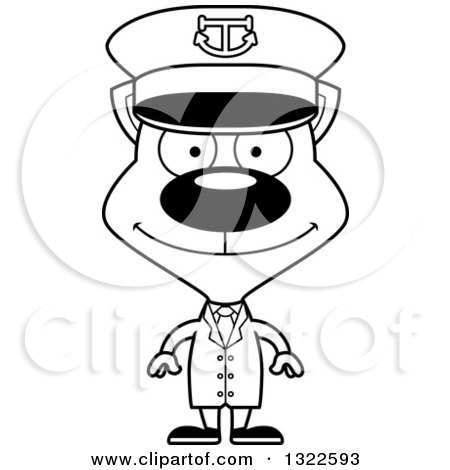Lineart Clipart of a Cartoon Black and White Happy Cat Captain - Royalty Free Outline Vector Illustration by Cory Thoman