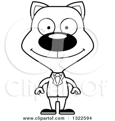 Lineart Clipart of a Cartoon Black and White Happy Cat Business Man - Royalty Free Outline Vector Illustration by Cory Thoman