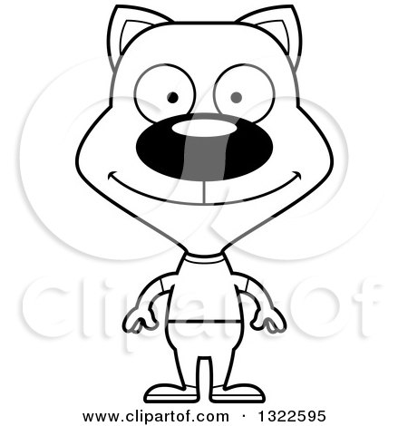 Lineart Clipart of a Cartoon Black and White Happy Casual Cat - Royalty Free Outline Vector Illustration by Cory Thoman