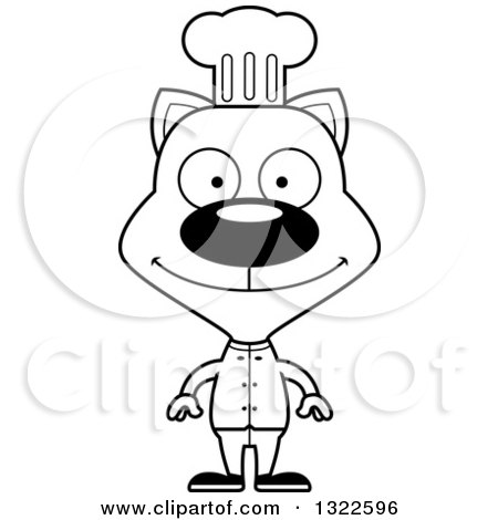 Lineart Clipart of a Cartoon Black and White Happy Cat Chef - Royalty Free Outline Vector Illustration by Cory Thoman