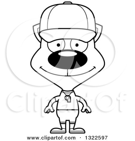 Lineart Clipart of a Cartoon Black and White Happy Cat Sports Coach - Royalty Free Outline Vector Illustration by Cory Thoman
