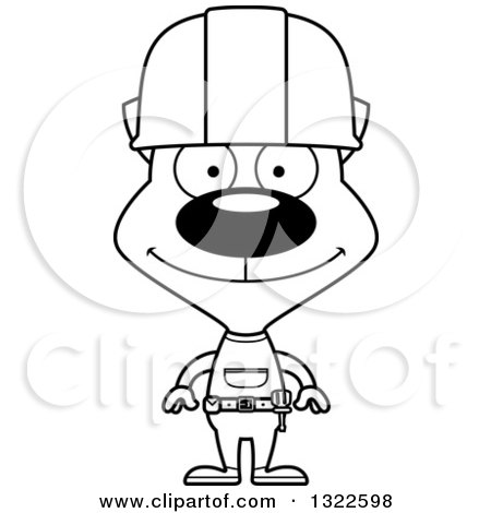 Lineart Clipart of a Cartoon Black and White Happy Cat Construction Worker - Royalty Free Outline Vector Illustration by Cory Thoman